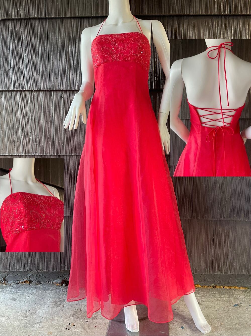 🔥Vintage USA Y2K Zum Zum Cherry Red Halter Lace Up Back Fairy Princess Dress